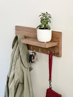 a potted plant sitting on top of a wooden shelf next to a red purse