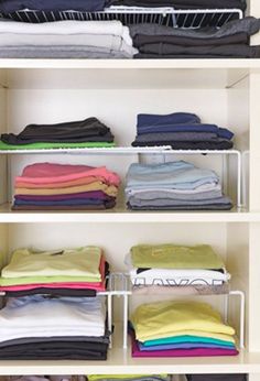 Visibility, efficiency, order: coming (we hope!) to a closet near you. #laundry #room #organization #ideas Organizing Clothes, Folded Clothes, Organized Closet, Wire Shelves, Wardrobe Organisation, Clothes Closet Organization, Shelf Dividers, Linen Closet Organization, Kids Closet Organization