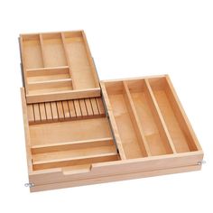 two wooden drawers with dividers on each side and one open drawer in the middle