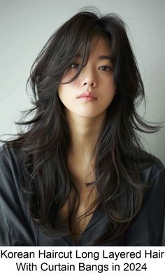 Korean Haircut Long Layered Hair With Curtain Bangs in 2024 Long Hair With Layers And Curtain Bangs Asian, Different Curtain Bangs Styles, Wolfcut Long Hair Curtain Bangs, Front Bangs With Layers, Long Wolfcut Haircut With Curtain Bangs, Korean Hair Women, Long Wolf Cut With Wispy Bangs, Womens Haircuts Long Layers, Long Haircuts For Straight Hair