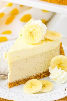 a slice of cheesecake with bananas on top