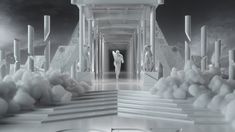 a man standing in the middle of a room filled with white clouds and pillars on either side of him