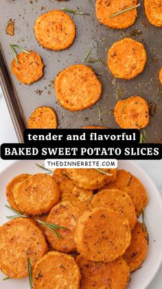 baked sweet potato slices on a baking sheet with rosemary sprigs and text overlay