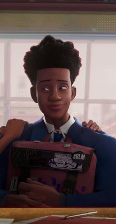 an animated image of a man holding a suitcase in front of him and looking at the camera