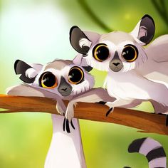 three cute little animals sitting on top of a tree branch together with big yellow eyes