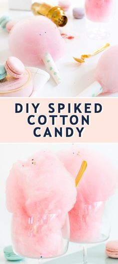 pink cotton candy is in a glass vase with gold spoons on it and the words diy spied cotton candy