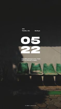 the poster shows green chairs in front of a white wall with numbers on each side