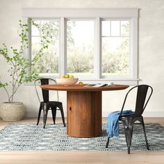 a dining room table with two chairs and a potted plant in the corner next to it