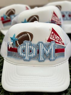 Custom Greek Life hat. Create a one of a kind hat for game days representing your sorority/fraternity affiliation. Add your personalization* 1.  Hat Color 2. Greek Letters ( spelled out, Alpha, Pi, etc.) 3. Ribbon Colors (2)  4. Other patches or ideas ( game day, footbal, stars, hearts etc.) Sorority Trucker Hats, Greek Letters, Sorority And Fraternity, Greek Life, Ribbon Colors, Fraternity, Color 2, Trucker Hats, Sorority