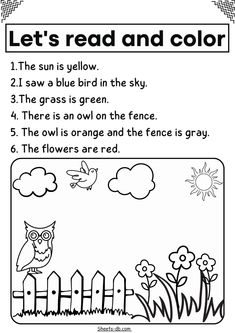 the worksheet for reading and writing with pictures on it, including an owl's read and color page