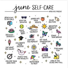 June Self Care, April Self Care, Monthly Reminders, Monthly Self Care, Happy June, Glass Half Full, Self Care Bullet Journal, Self Care Ideas, Bucket Lists