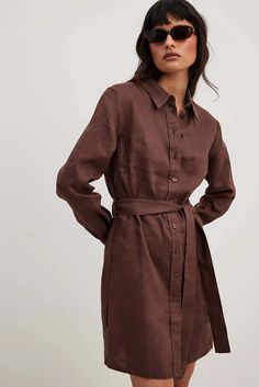 Drawstring Linen Mini Dress Brown | NA-KD Long Sleeve Linen Shirt, Shirt Mini Dress, Linen Shirt Dress, Linen Mini Dress, Dressed To Kill, Future Fashion, Mini Shirt Dress, Na Kd, Waist Belt