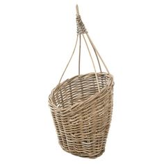 a wicker hanging basket on a white background