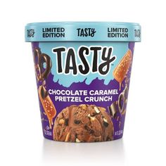 an ice cream container filled with chocolate caramel pretzel crunch