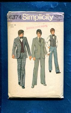 Vintage Simplicity 6374 Large lapel men's jacket, vest and slacks  CIRCA  1970's SIZE..42 CHEST See the sizing chart PATTERN CONDITION* CUTPATTERN PIECE COMPLETE INSTRUCTIONS INCLUDED ENVELOPE CONDITION/ worn, torn, and or wrinkled corners & edges/pen marks/discolored/ taped SEWING PATTERN NOT A FINISHED GARMENT 1970s Mens Suit, Mens Suits Pattern, Mens 3 Piece Suits, Sailor Shirt, Suit Pattern, Mens Suit Jacket, Jacket Vest, Three Piece Suit, 3 Piece Suits