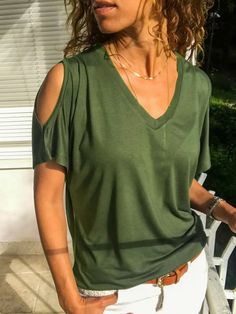 Casual Solid Shirts & Tops Stretch V-neck T-shirt For Summer, Casual Green V-neck Short Sleeve Top, Solid V-neck Summer Top, Stretch V-neck Shirt For Summer, Trendy Short Sleeve V-neck Top For Fall, Green V-neck T-shirt For Summer, Trendy V-neck T-shirt For Vacation, Solid Color V-neck T-shirt For Summer, Fall Vacation Tops With V-neck