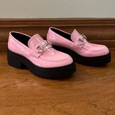 Never Worn Absolutely Perfect Steve Madden Brand Pink Patent Leather Loafers. Has A Platform Sole And Perfect Fun Pair Of Shoes For Anyone! Has Silver Detail Across Top Of Shoe. Trendy Low-top Loafers For Office, Pink Leather Loafers With Flat Heel, Slip-on Platform Patent Leather Loafers, Pink Leather Flat Heel Loafers, Trendy Pink Leather Loafers, Pink Leather Loafers For Office, Pink Closed Toe Formal Loafers, Pink Formal Loafers With Closed Toe, Formal Pink Closed Toe Loafers