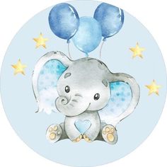 an elephant with two blue balloons on it's back, sitting in front of stars