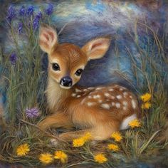 a painting of a baby deer laying down in the grass with dandelions and wildflowers