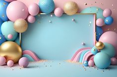 a blue, pink and gold background with balloons