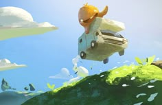 a car is flying through the air with clouds and trees in the backgroud