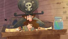 a cartoon character with a pirate hat and eye patch sitting in front of a table