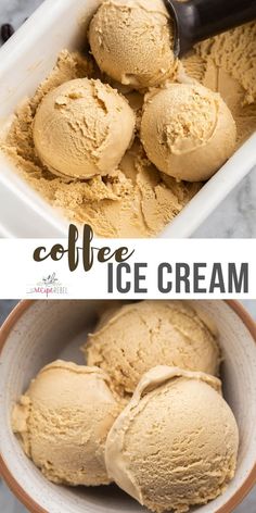 three scoops of coffee ice cream in a white bowl with the title above it