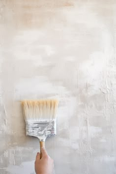 a person holding a paint brush up against a wall with white paint on the walls