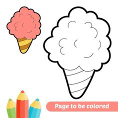 an ice cream cone and colored pencils on a white background with the words page to be colored