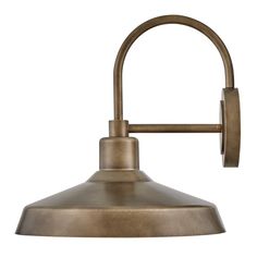 an antique brass finish wall light with a metal arm and goose head, on a white background