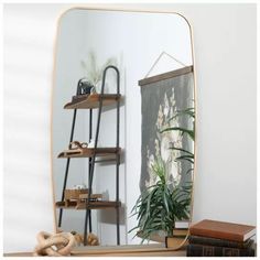 a mirror sitting on top of a table next to a shelf filled with books and plants