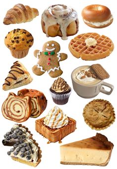 many different types of pastries and desserts are arranged in a circle on a white background