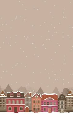 a snowy city with houses and trees in the foreground, on a light brown background