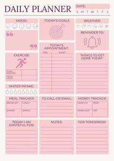 the daily planner is shown in pink, with icons on it and text that reads daily planner