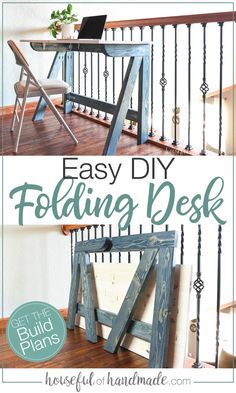 an easy diy folding desk made out of wood and metal with text overlay