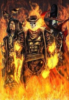 three skeleton men standing next to each other in front of a blazing background with fire