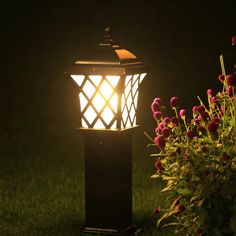 a light that is on in the grass near flowers and bushes with pink flowers around it