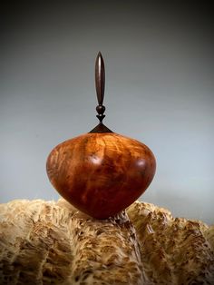 a wooden object sitting on top of a rock