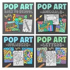 four pop art posters with the words pop art and numbers