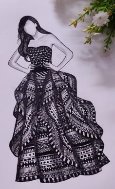 a drawing of a woman in a black and white dress with flowers on the side