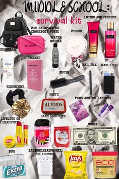 the contents of a travel bag are shown in this poster, including makeup and toiletries