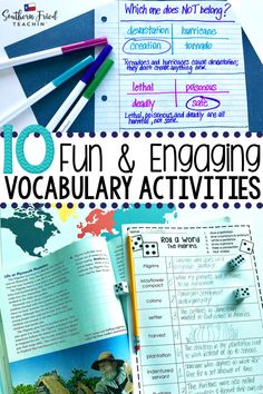 an open book with the title 10 fun and engaging vocably activities on it