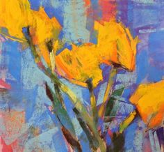 a painting of yellow flowers in a blue vase