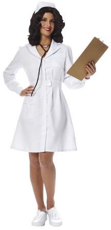 a woman dressed in a nurse costume holding a clipboard