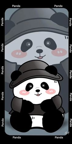 the panda is wearing a hat and sitting next to another panda in a black outfit