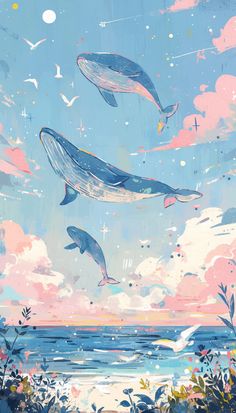 two whales are swimming in the ocean under a blue sky with pink clouds and seagulls