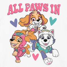 three cartoon dogs with hearts and the words all paws in