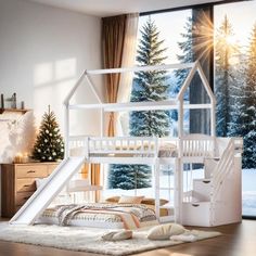 a child's bedroom with a white bunk bed and slide in front of the window