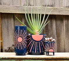 three blue vases with plants in them on a shelf