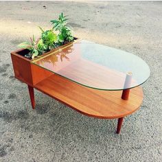 a wooden table with a glass top and planter on it's end shelf